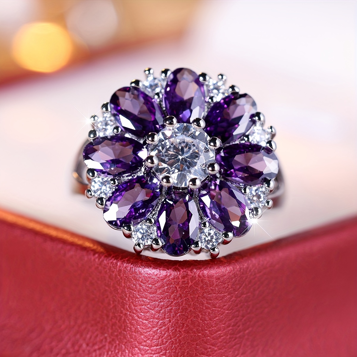 Promise Ring Dainty Flower Purple Zirconia Wedding Ring